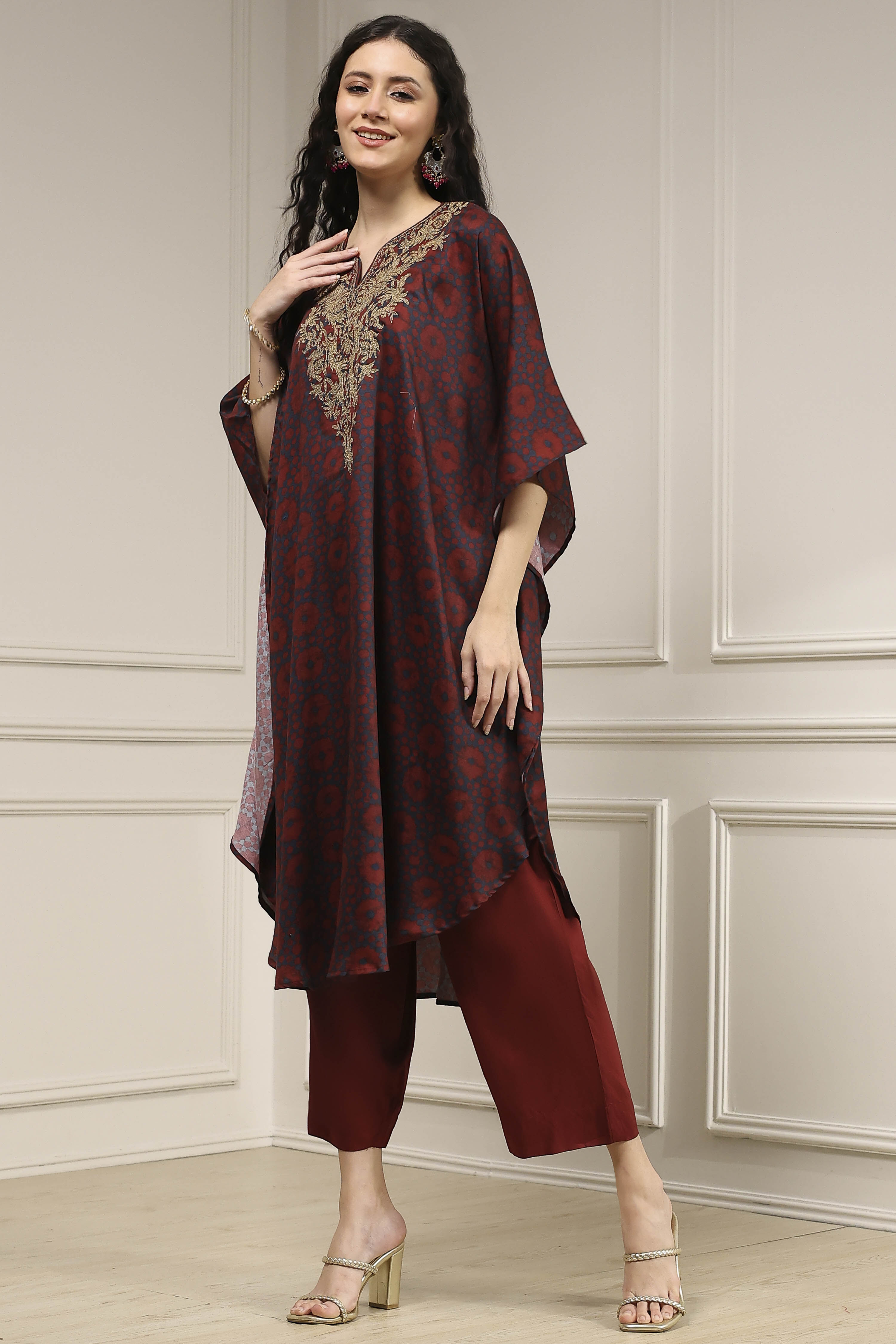 Blue and Brown Satin Printed Kaftan-Style Kurta Set image number 3