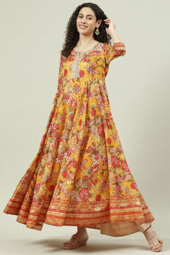 Mustard Poly Cotton Flared Fusion Printed Dress image number 0