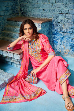 Fuschia Cotton Straight Suit Set image number 7