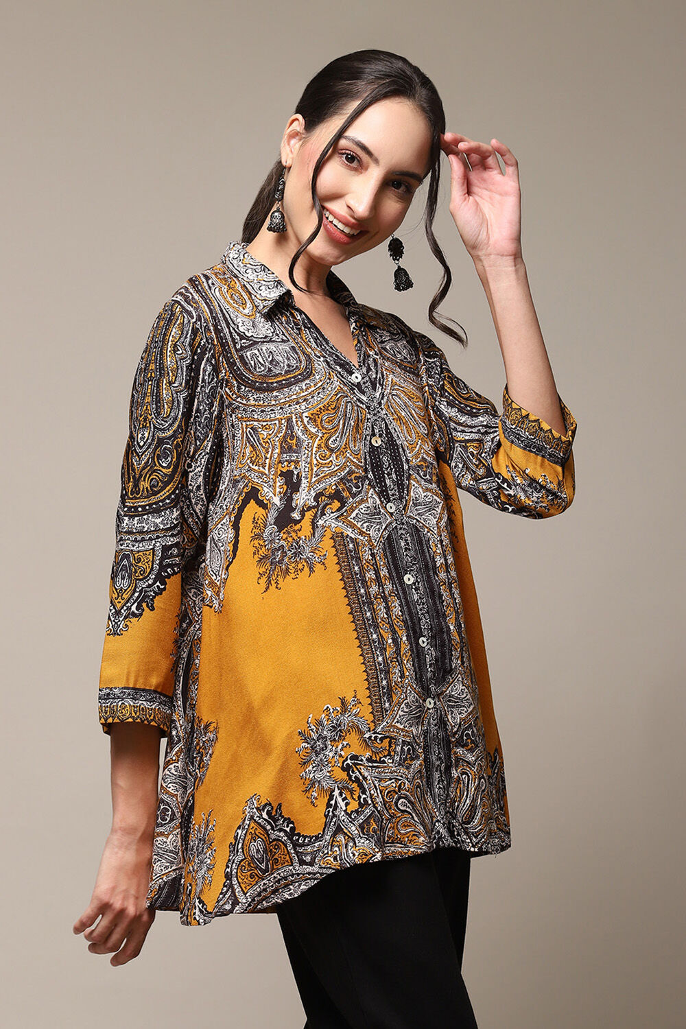 Mustard LIVA Straight Printed Shirt image number 3