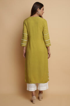 Green Rayon Straight Kurta Pants Set image number 6