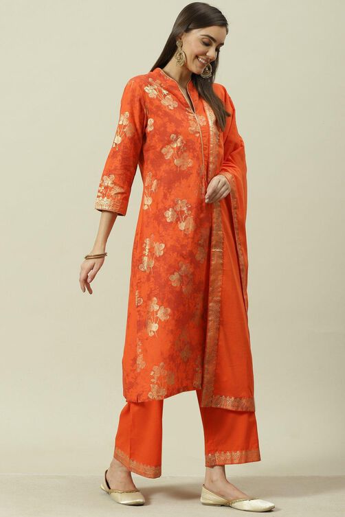 Peach Printed Cotton Straight Kurta Palazzo Suit Set image number 6