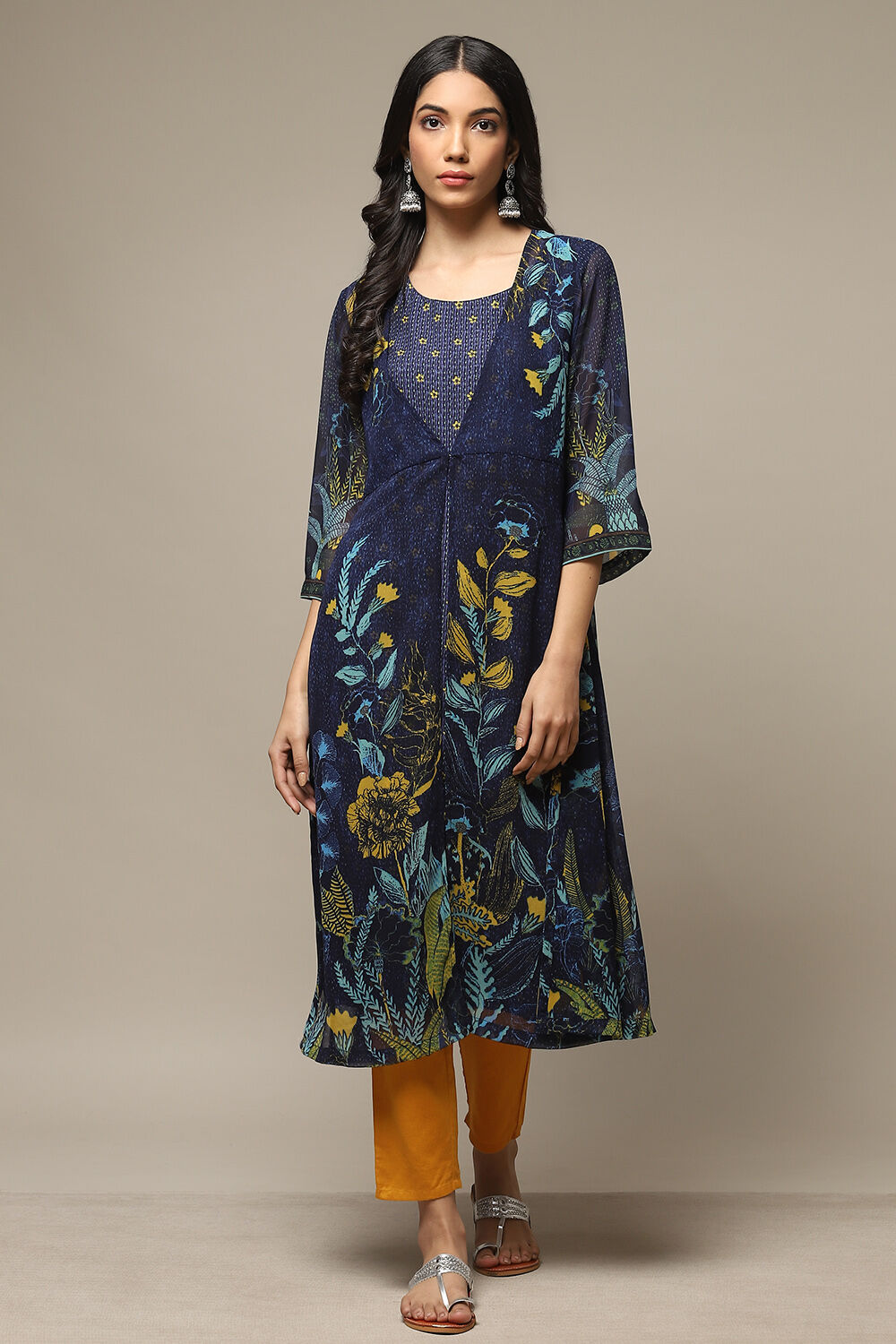 Navy Cotton Blend Straight Printed Kurta image number 6