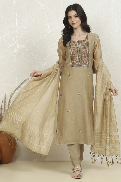 Beige Cotton Hand Embroidered Unstitched Suit Set image number 1