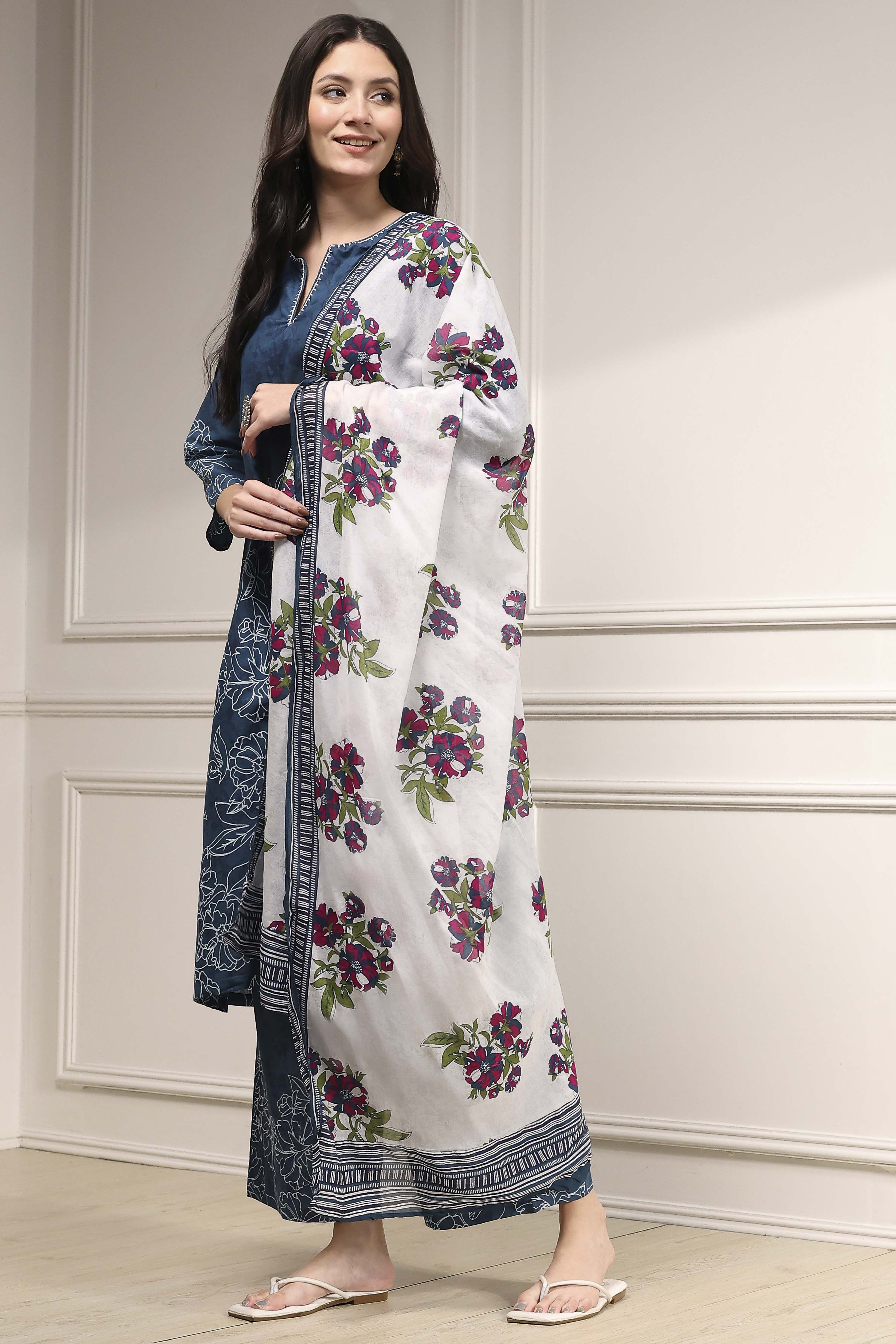 Teal Blue Cotton Printed Straight Suit Set image number 3