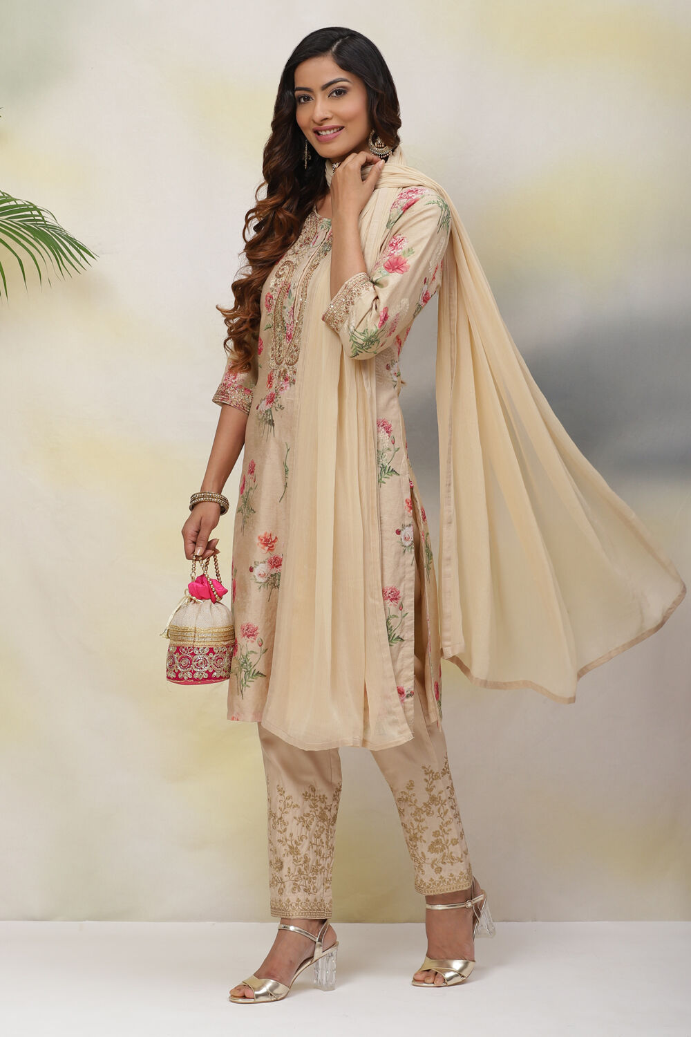 Beige Poly Metallic Cotton Straight Suit Set at Biba India