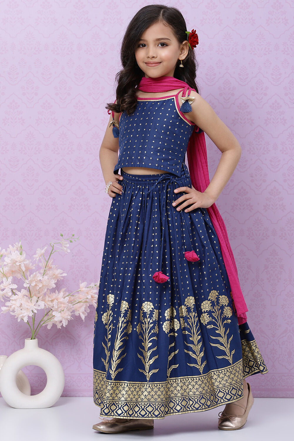 Pink Cotton Floral Printed Flared Festive Lehenga Set image number 5