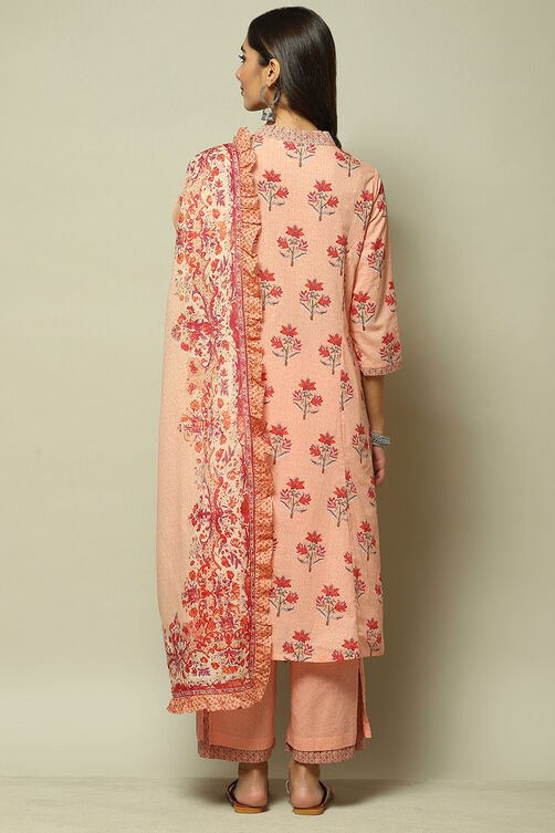 Peach Cotton A-Line Kurta Palazzo Suit Set image number 6