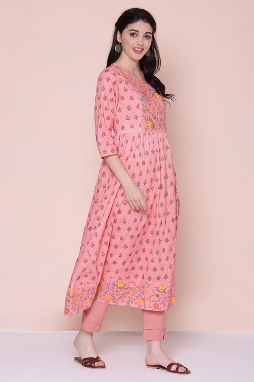 Pink Cotton High Slit Printed Kurta image number 3