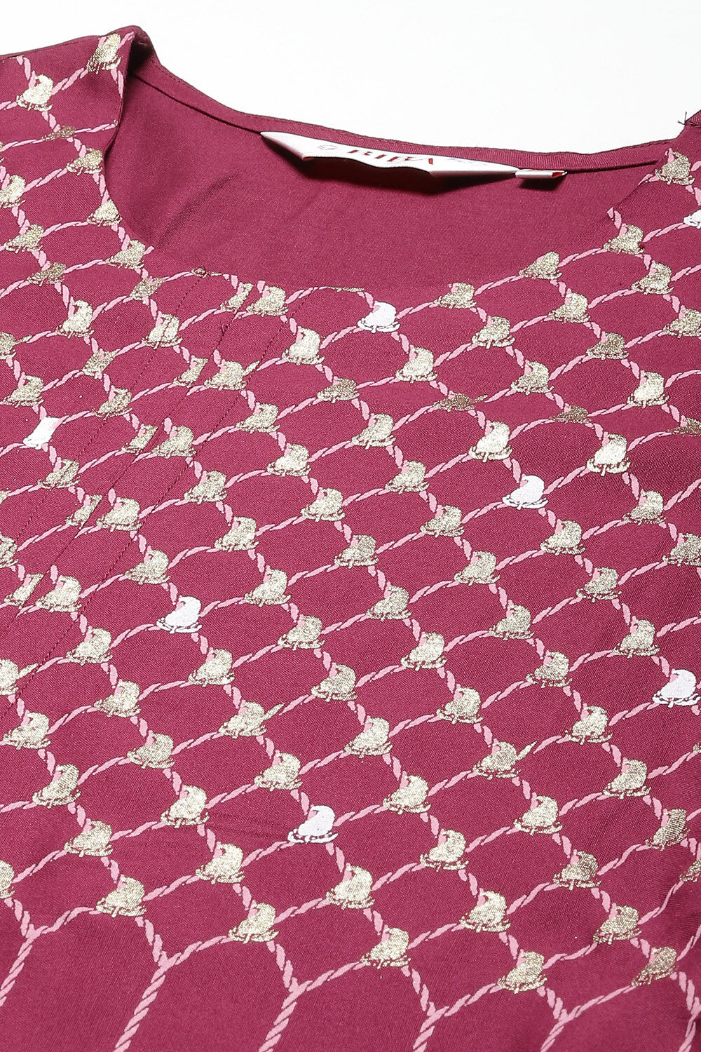 Plum Printed Rayon Straight Kurta Regular Pants Suit Set image number 1