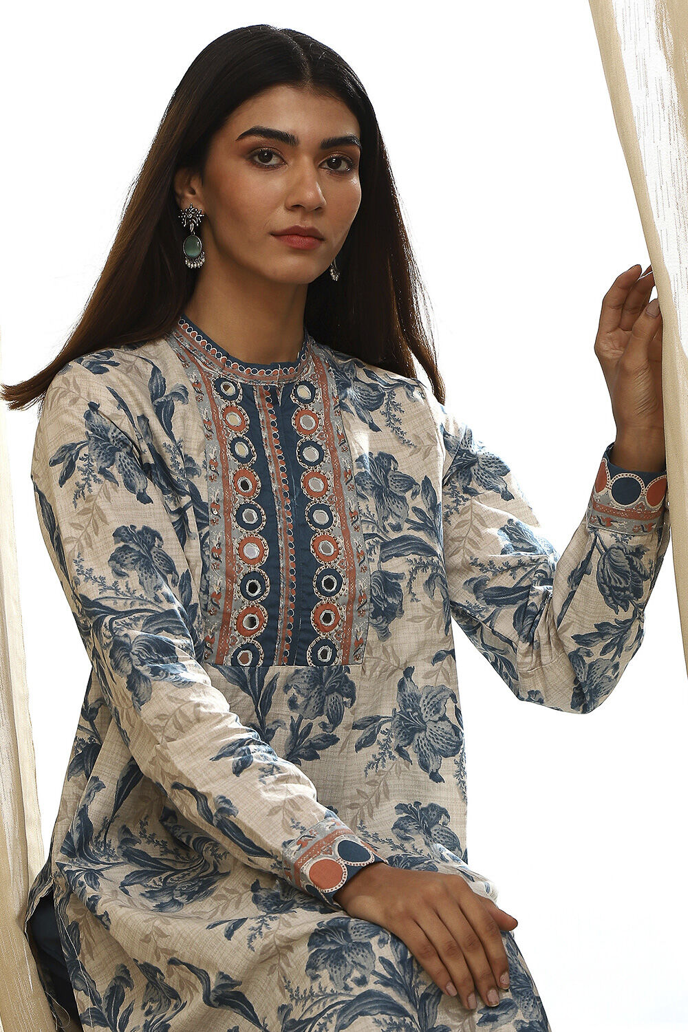 Beige and Teal Pure Cotton Straight Kurta Set image number 7