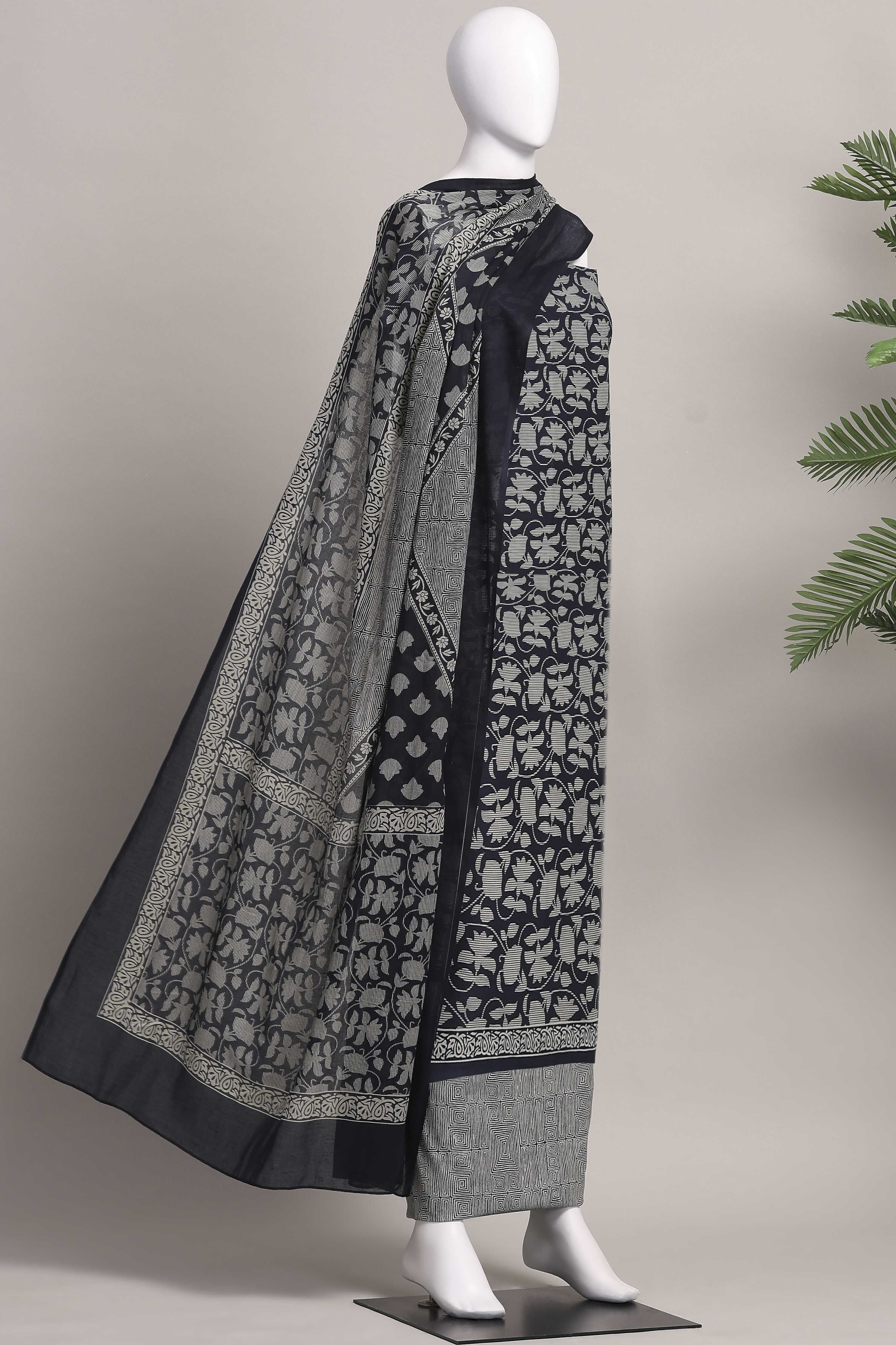 Indigo Cotton Screen Print Unstitched Suit Set image number 4