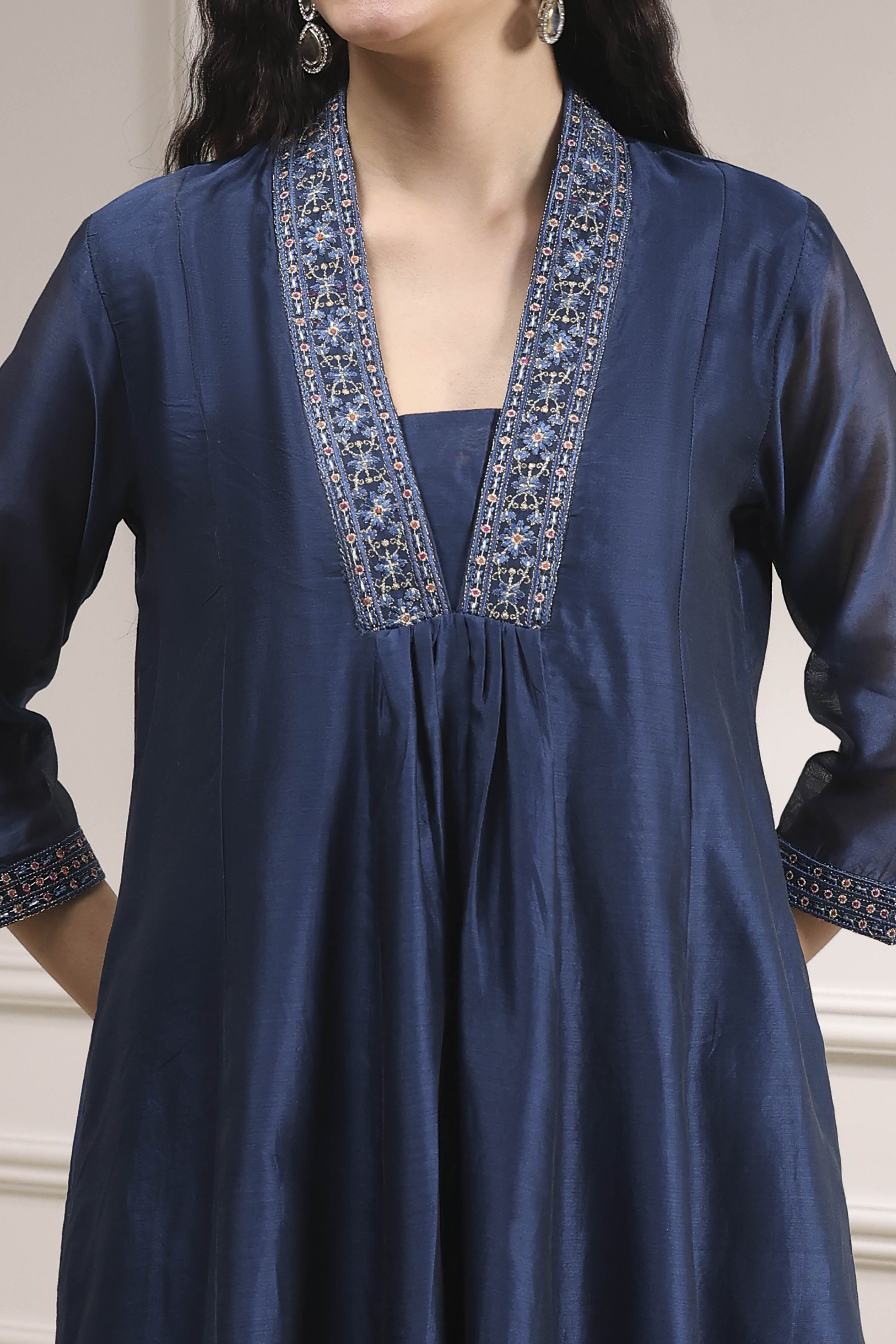 Blue Chanderi Solid Gathered Suit Set image number 1