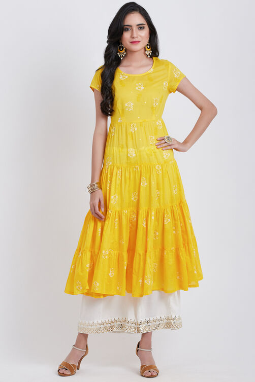 Yellow Cotton Flared Printed Kurta image number 2