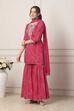 Pink Striped Yoke Design Straight Suit Set image number 3