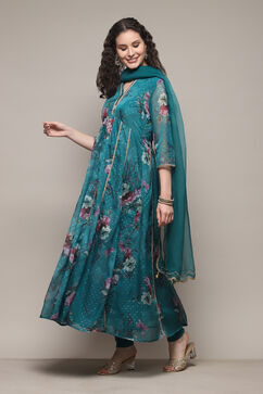 Peacock Green Polyester Anarkali Kurta Churidar Suit Set image number 5