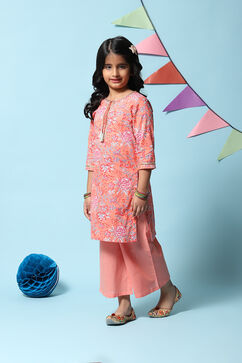 Peach Cotton Straight Printed Kurta image number 3