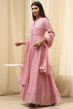 Powder Pink Embroidered Front Open Suit Set image number 3