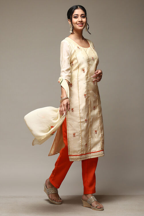 Mustard Chanderi Machine Embroidered Unstitched Suit Set image number 7