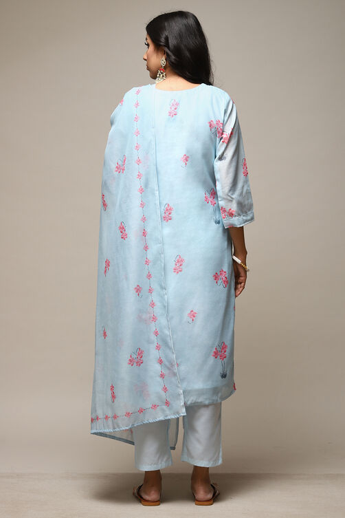 Light Blue Linen Machine Embroidered Unstitched Suit Set image number 13