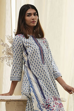 Off-White Cotton Printed Straight Suit Set image number 1