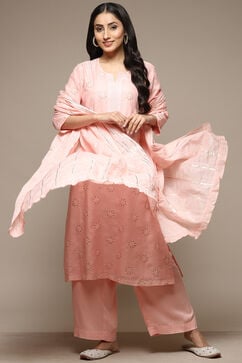 Powder Pink Cotton Blend Straight Kurta Palazzo Suit Set image number 5