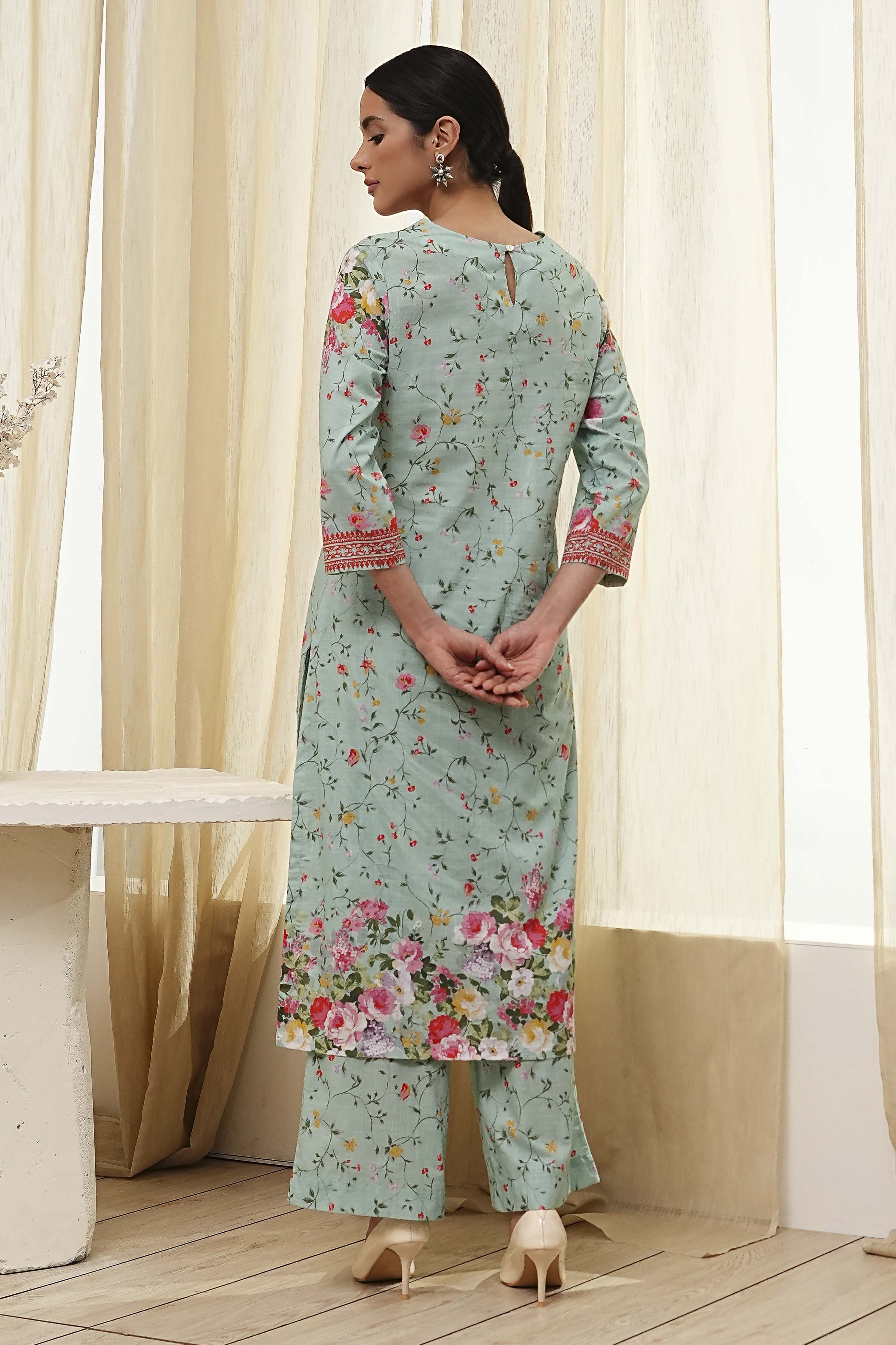 Turquoise Cotton Floral Printed Straight Suit Set image number 4