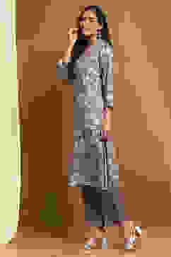 Purple Printed Straight Winter wear Kurta Set image number 3