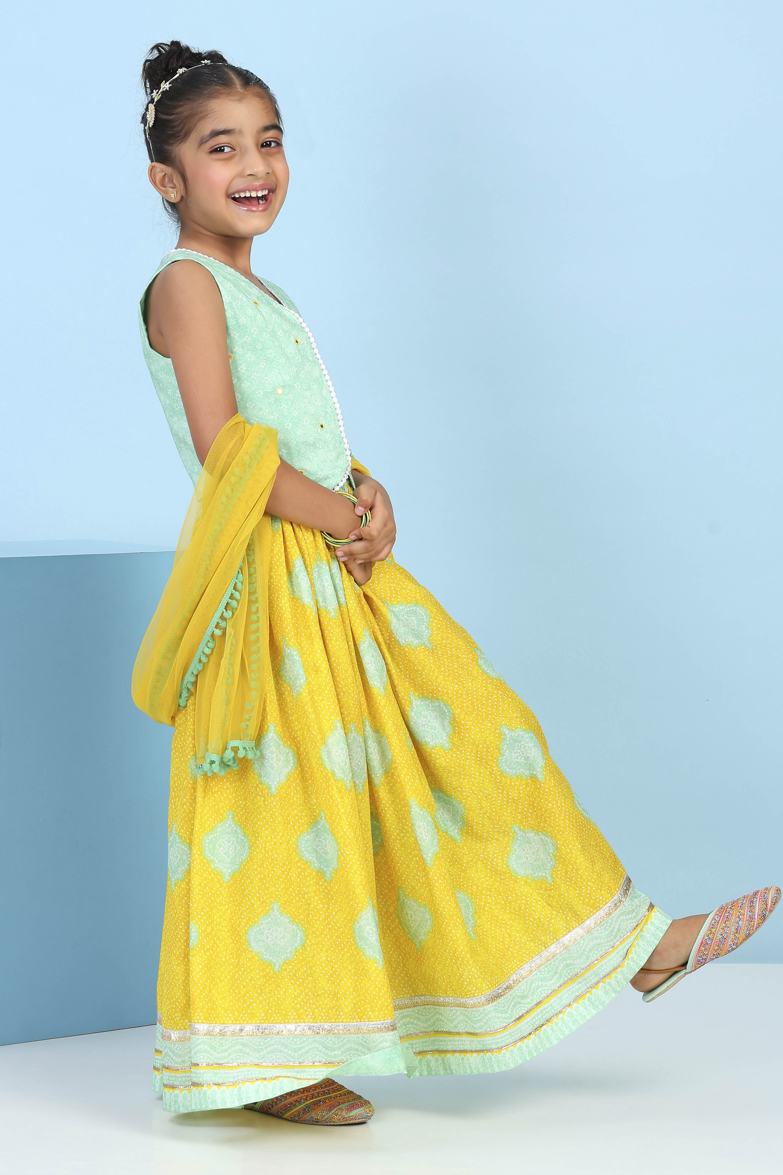Sage Green Cotton Printed Straight Lehenga Set image number 4