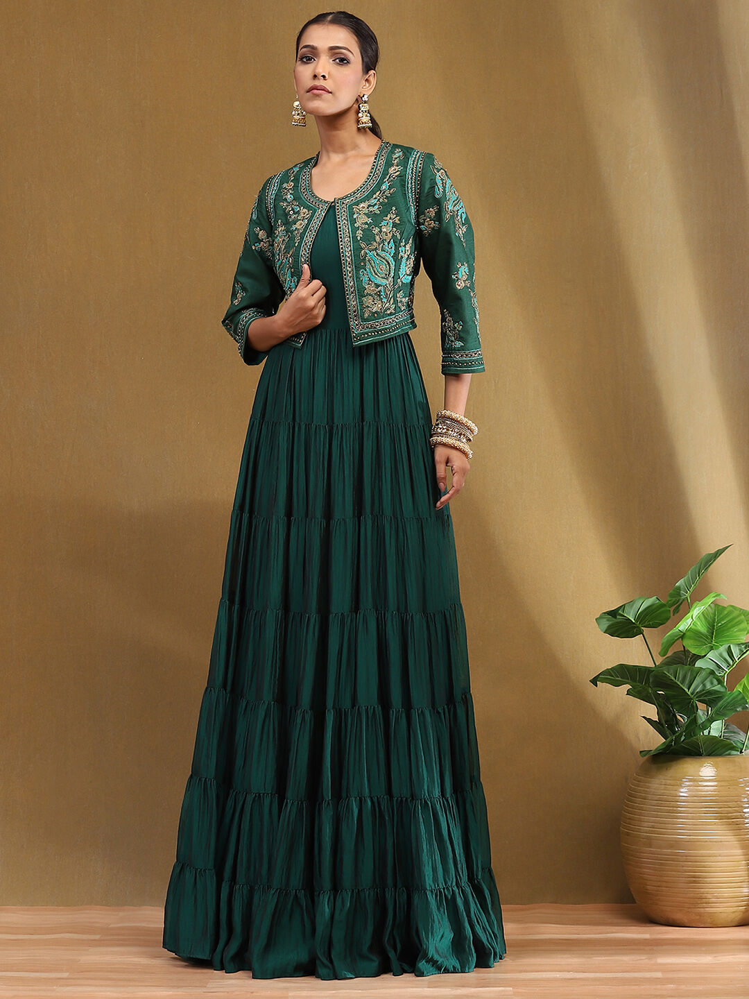 Emerald Green Silk Festive Tiered Anarkali Dress image number 0
