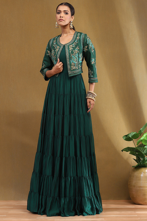 Emerald Green Silk Festive Tiered Anarkali Dress image number 0