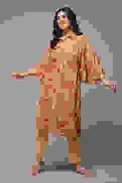 Beige & Red Rayon Straight Printed Kurta image number 0