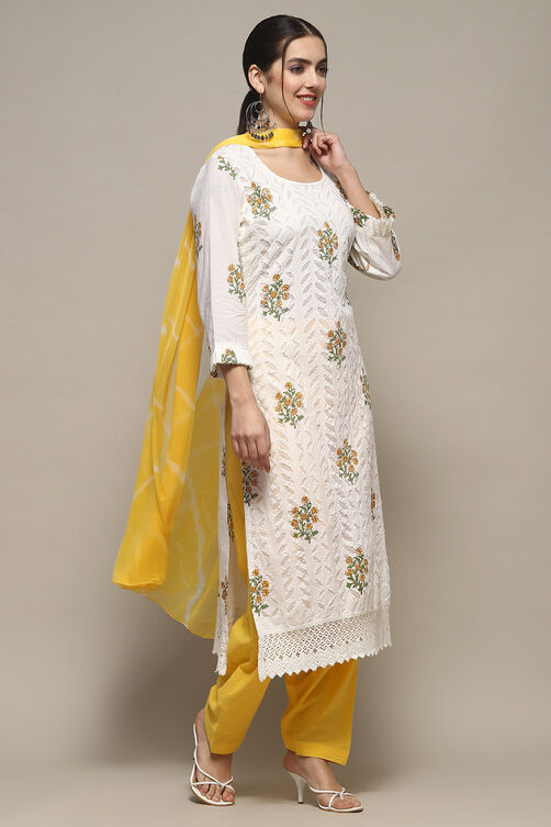 Yellow White Cotton Unstitched Suit set image number 7