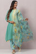 Sea Green And Pale Yellow Poly Viscose Asymmetric Kurta Pant Suit Set