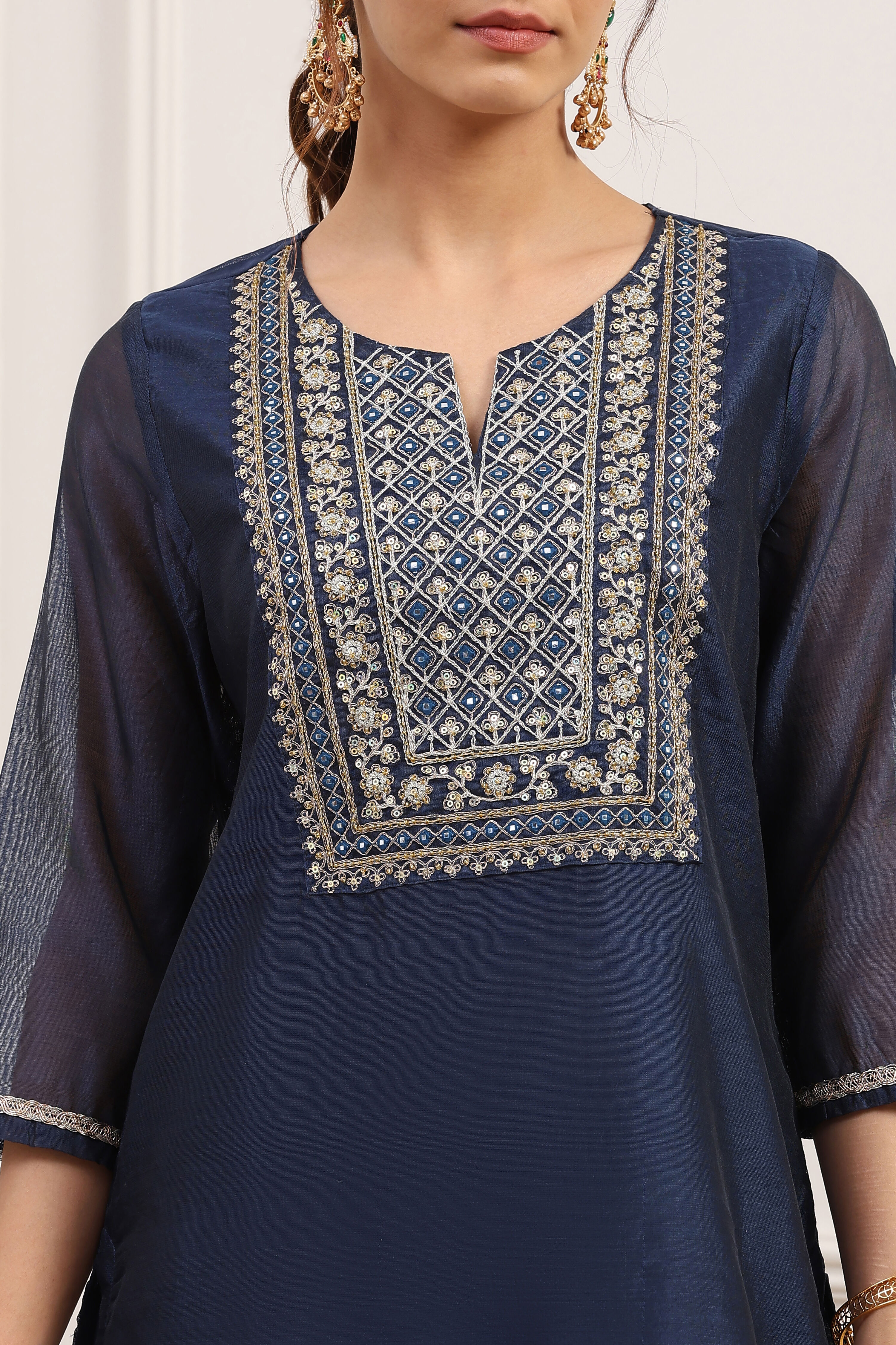 Red Poly Chanderi Yoke Embroidered Straight Suit Set image number 1