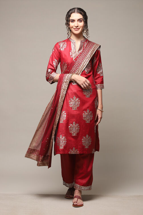 Maroon Art Silk Straight Kurta Palazzo Suit Set image number 0