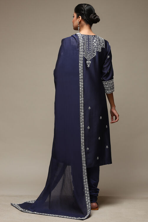 Navy Blue Cotton Blend Straight Kurta Churidar Suit Set image number 4