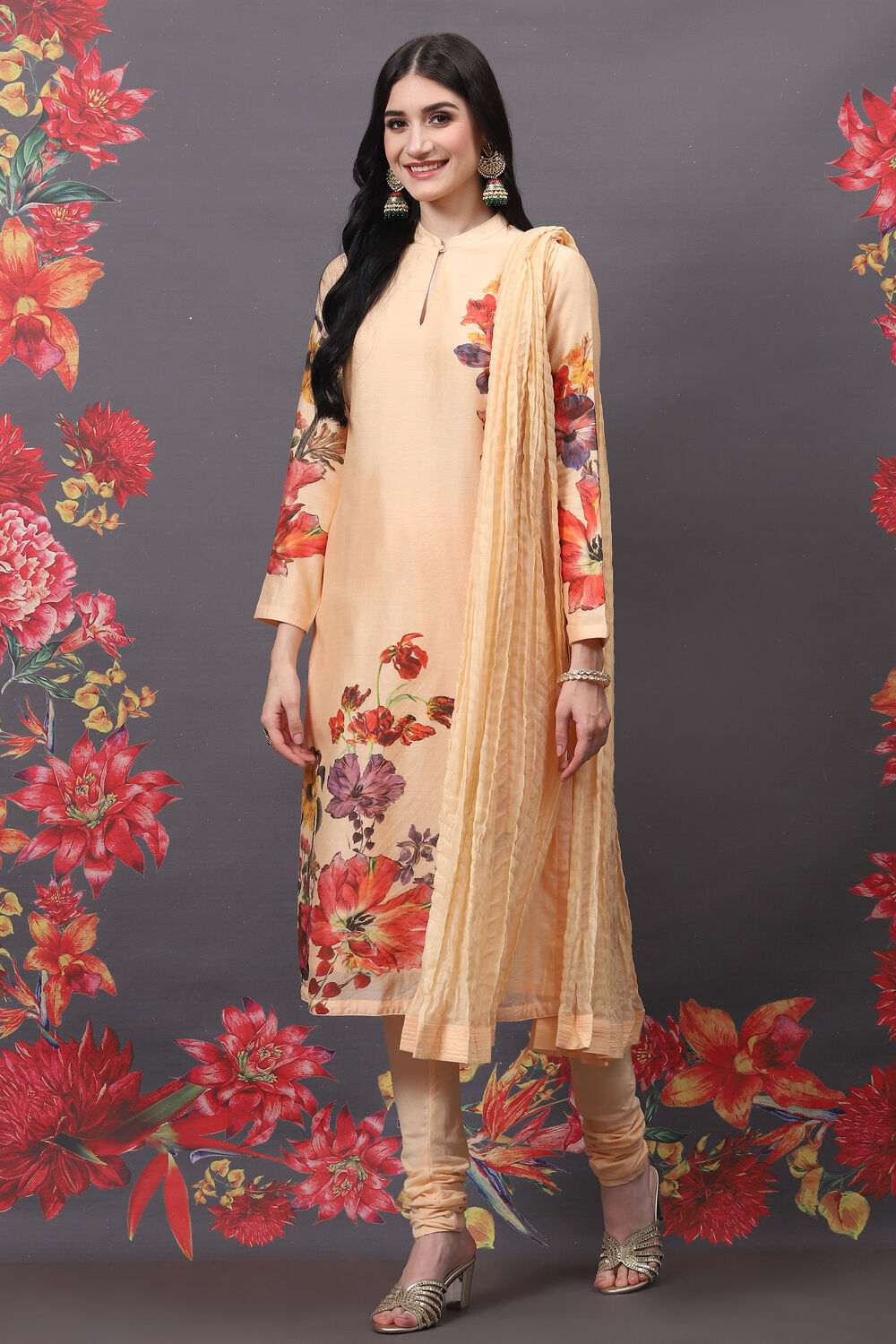 Peach Cotton Silk Straight Printed Suit Set image number 4