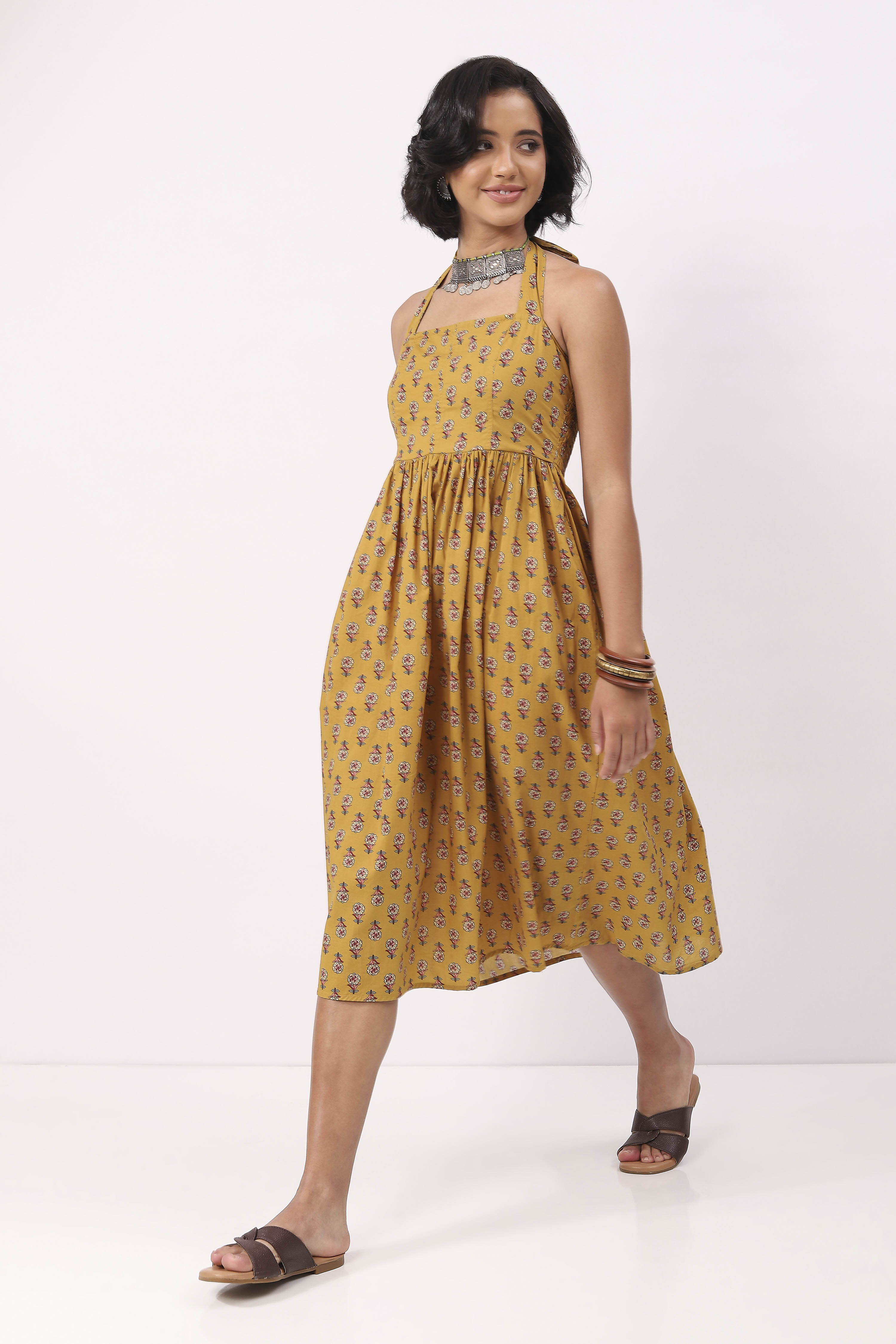 Yellow Cotton Printed Straight Dress image number 1