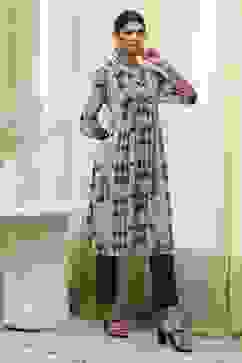 Grey Printed Pleated A-Line Kurta image number 4