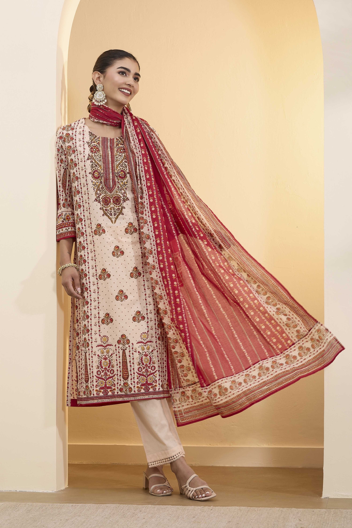 Beige and Red Printed Straight Cotton Kurta Set