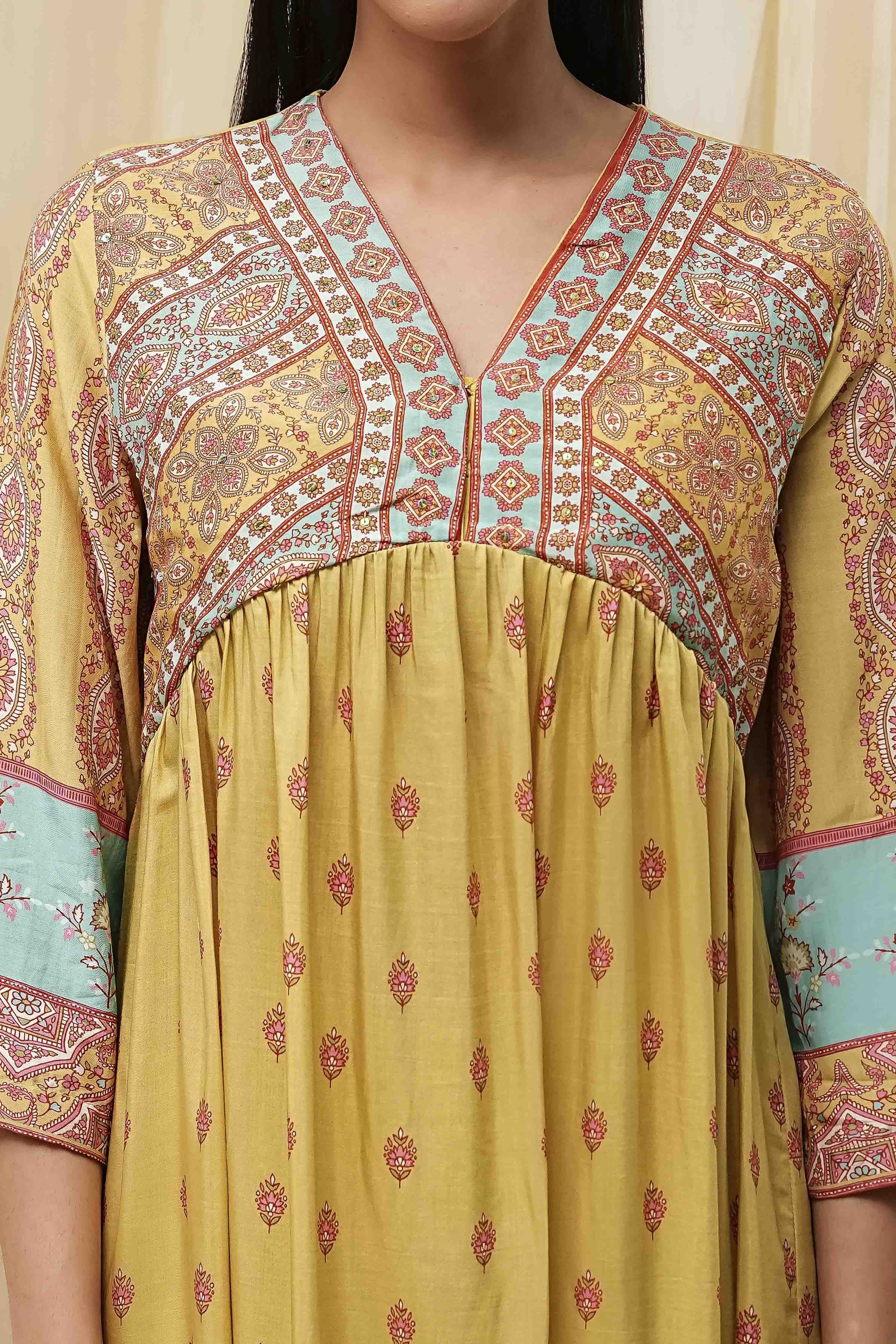 Green Modal Printed Gathered Kurta Set image number 1