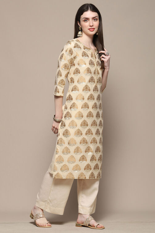 Off White Polyester Straight Kurta image number 4