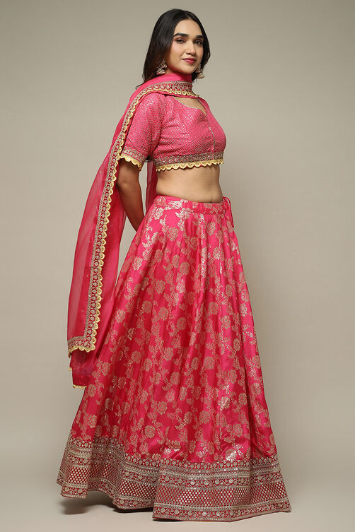 Fuchsia Silk Brocade Straight Embroidered Kurta Lehenga Set image number 6