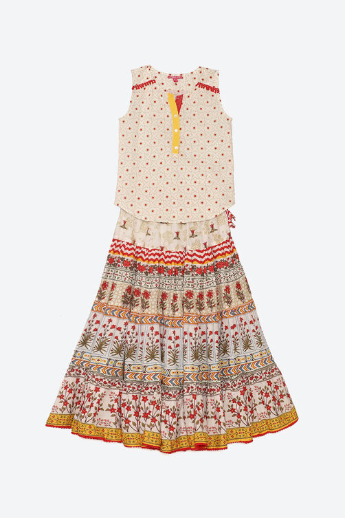 Off White Cotton Straight Kurta Skirt Suit Set image number 0