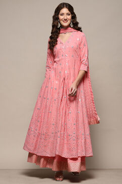 Pink Cotton Anarkali Lehenga Set image number 7