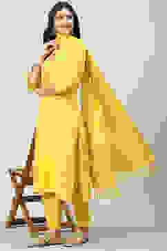 Yellow Cotton Straight Kurta Slim Pants Suit Set image number 6