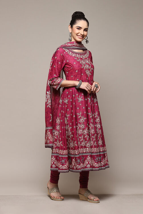 Onion Pink Cotton Anarkali Kurta Churidar Suit Set image number 6