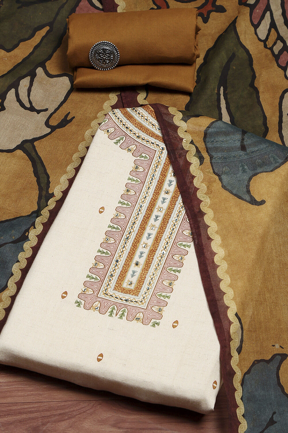 White Cotton Hand Block Print Unstitched Suit Set image number 0