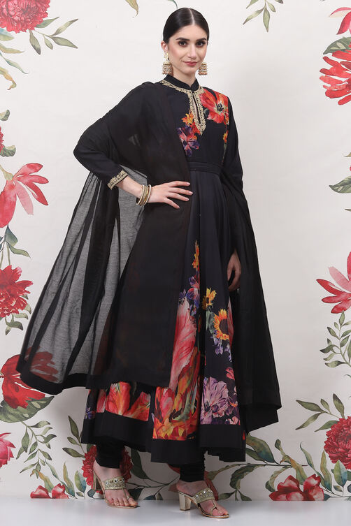 Rohit Bal Black Cotton Silk Anarkali Printed Suit Set image number 6